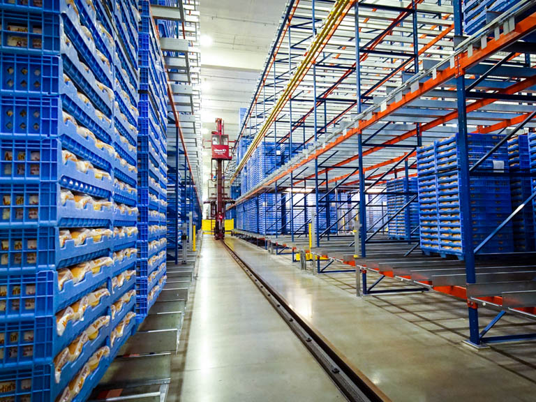 Automated Warehouse at Martin's Bakery from Westfalia Technologies showing racking and single-mast ASRS Automated Storage